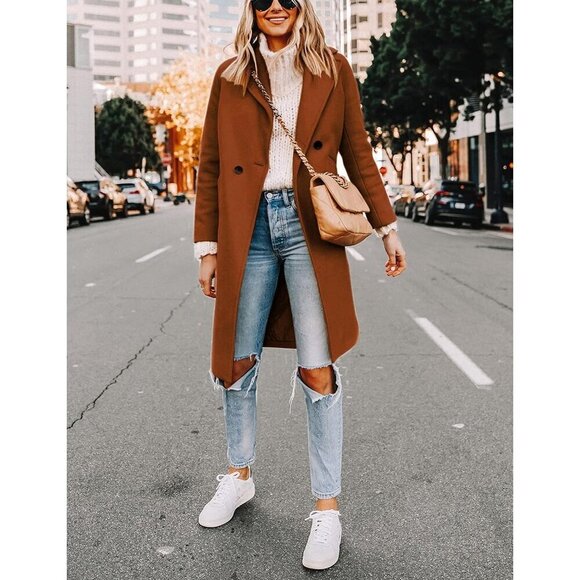 Women's Caramel  Winter Wool Coat Casual Notch Lapel Single-Breasted Peacoat - Picture 2 of 8